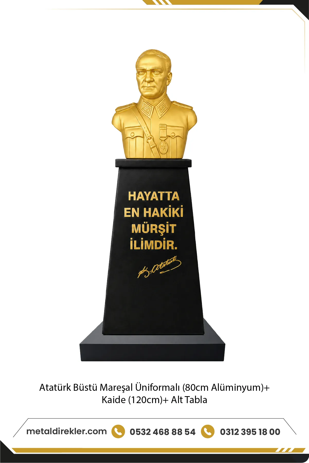 Atatürk-Büstü-Mareşal-Üniformalı-80cm-Alüminyum-Kaide-120cm-Alt-Tabla